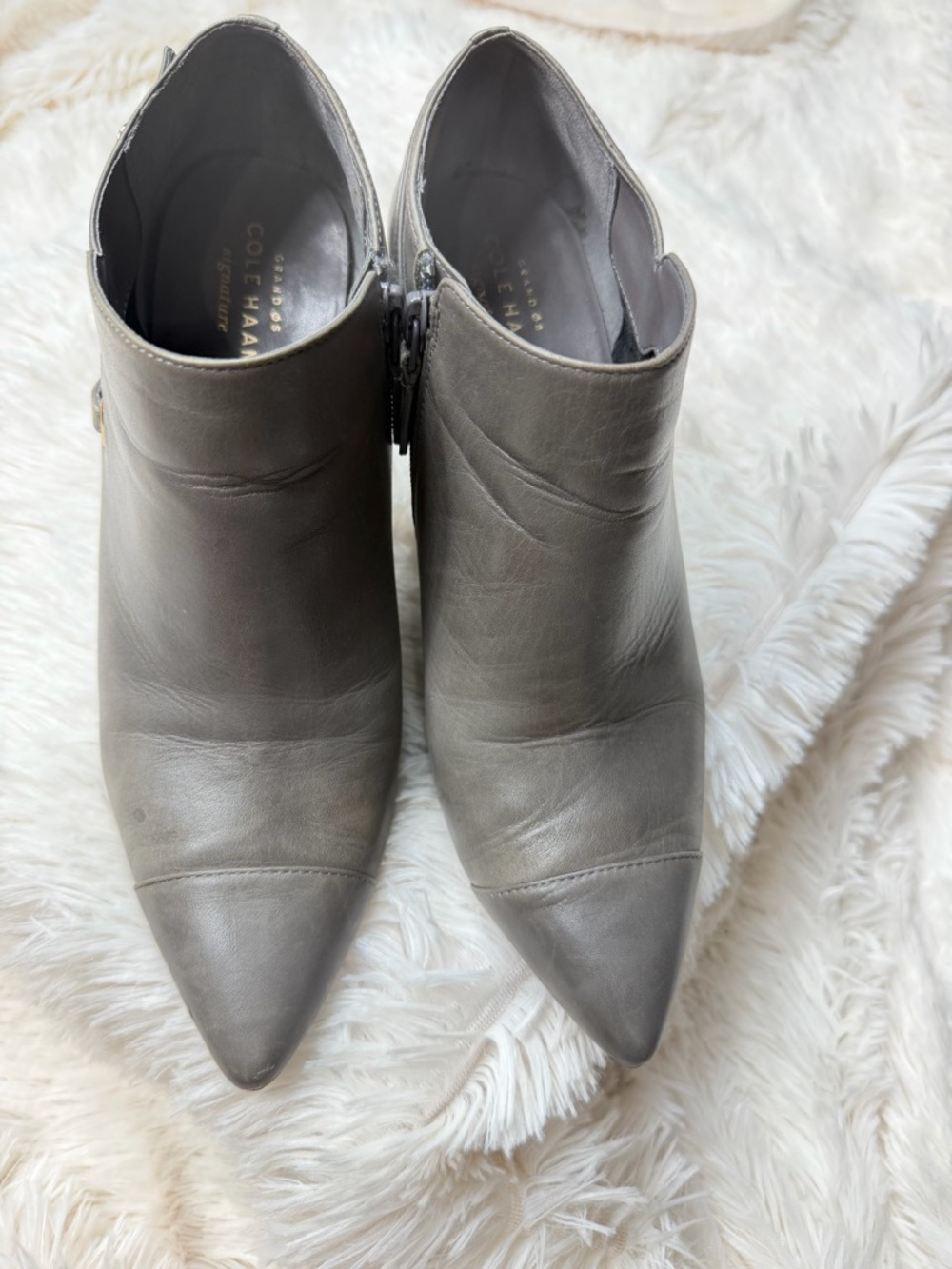 Cole Haan Taupe/Gray Leather Pointed-Toe Ankle Booties